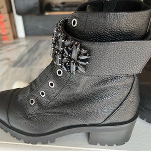 KARL LAGERFELD PARIS
Pippa Jeweled Strap Pebbled-Leather Lug Boots